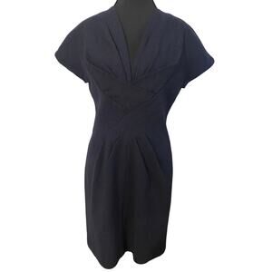 Robert Rodriguez Navy Wool Blend Sheath Dress Sz 6 Cross-Front Short Sleeve